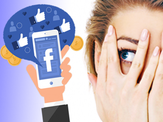 Woman tries to cover her eyes as a hand holds a cellphone with Facebook app on the screen 